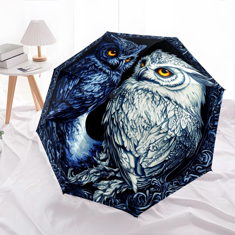 Two Owls pattern, automatic folding umbrella, portable and foldable design, 8 ribs, a Christmas or birthday gift.