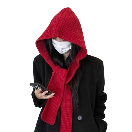 Yousheng Scarf Hat Solid Color Windproof Ear Protection Thick Knitted Fabric Hooded Design Hat Winter Outdoor Headgear