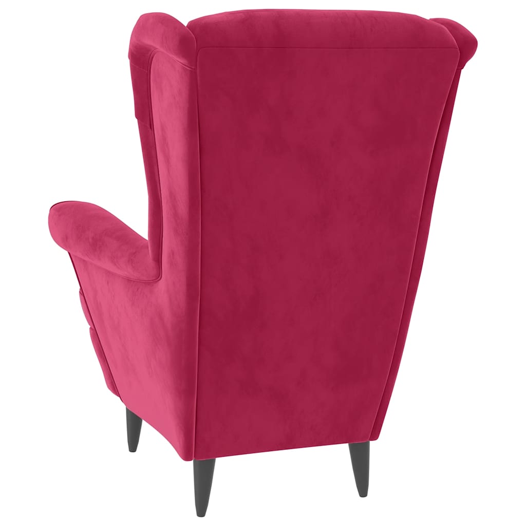 Velvet Armchair with Footstool in Burgundy Red