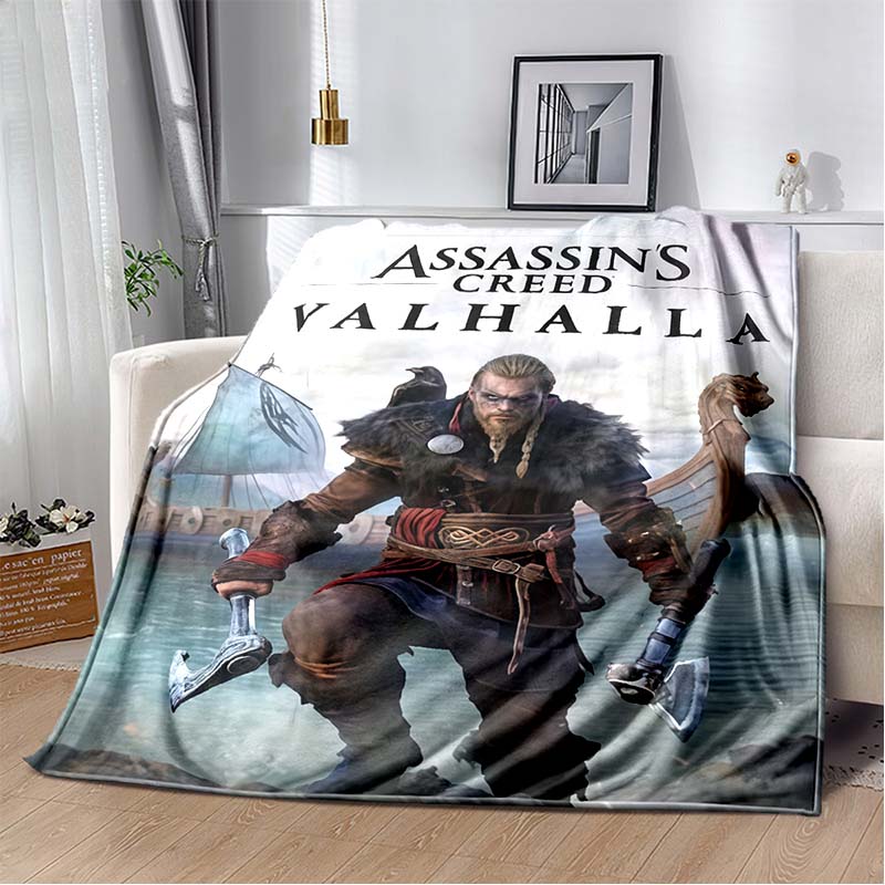 Assassin's Creed Hooded Figure Flannel Blanket Red Smoke Logo Print Soft Warm Throw For Sofa Bed Gamer Home Decor