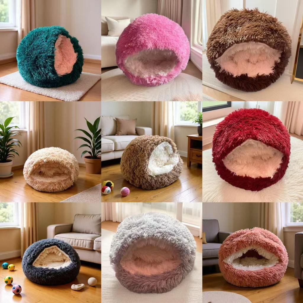 Zimowe Ciepłe Półzamknięte Pluszowe Legowisko dla Kota i Psa