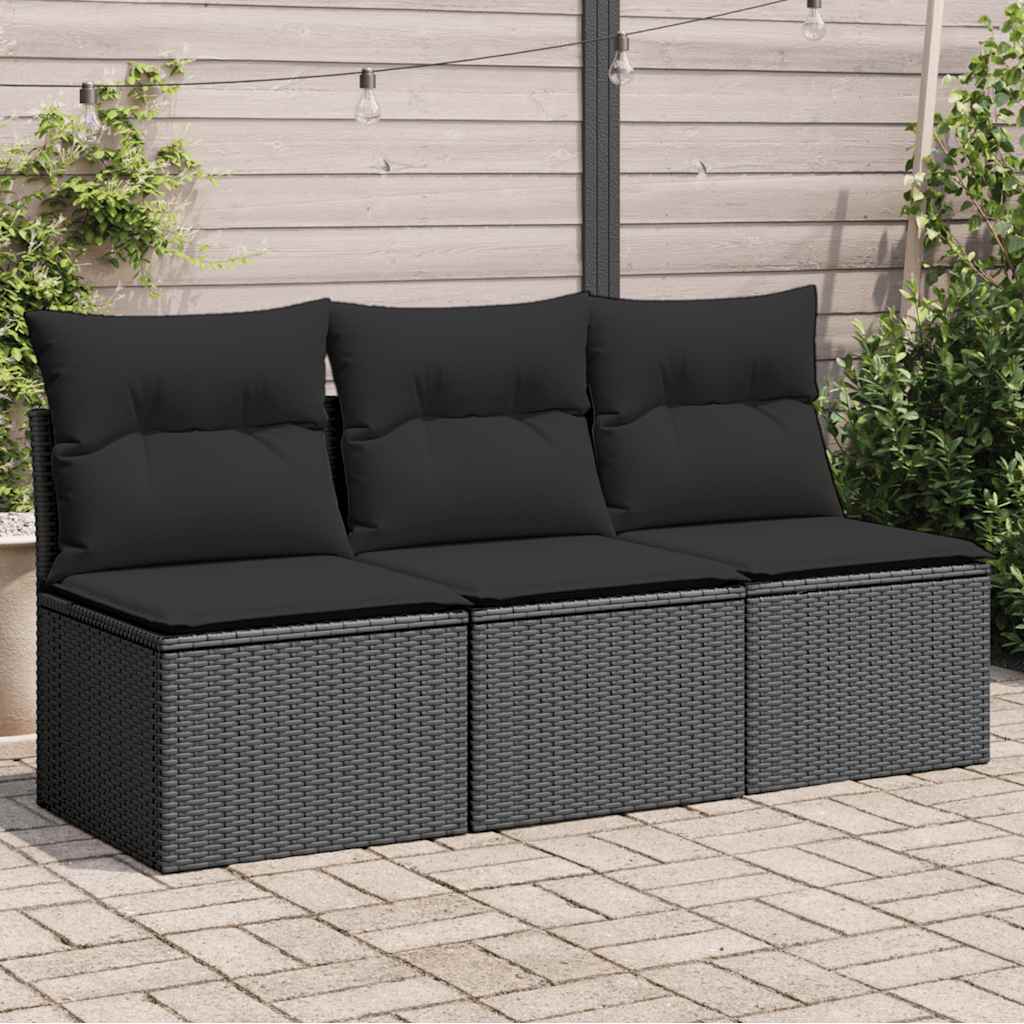 Garden Sofa with Cushions 3 Seater Black Poly Rattan