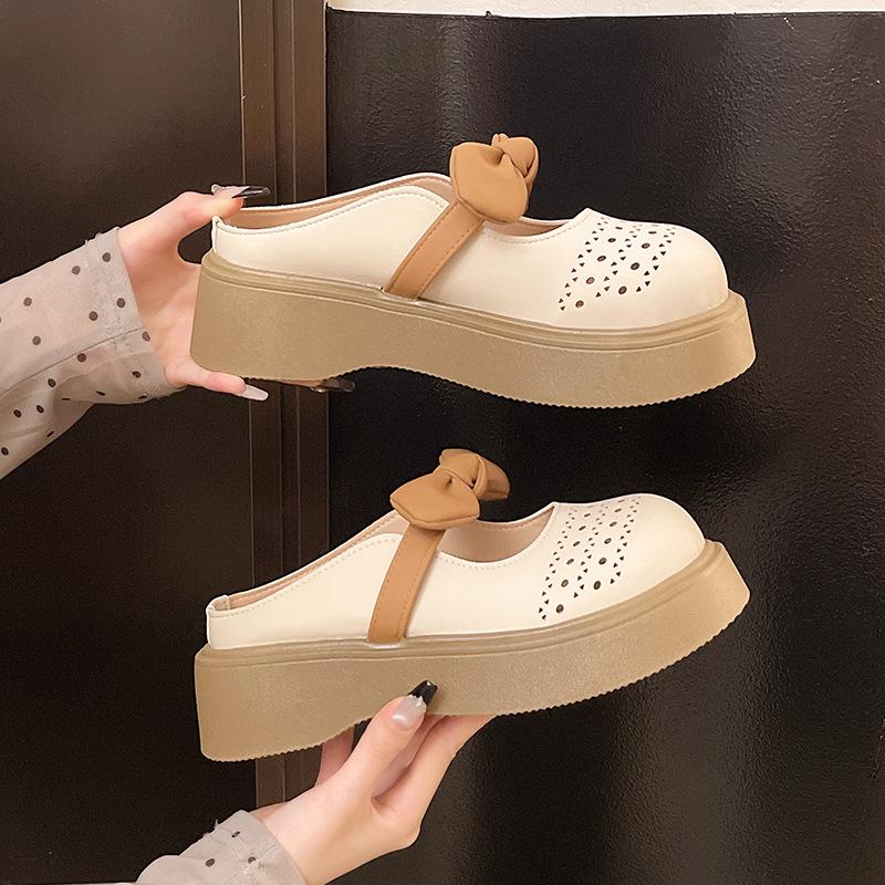 2025 new square head thick heel color matching bow Mary Jane shoes women's fashion versatile French temperament slippers