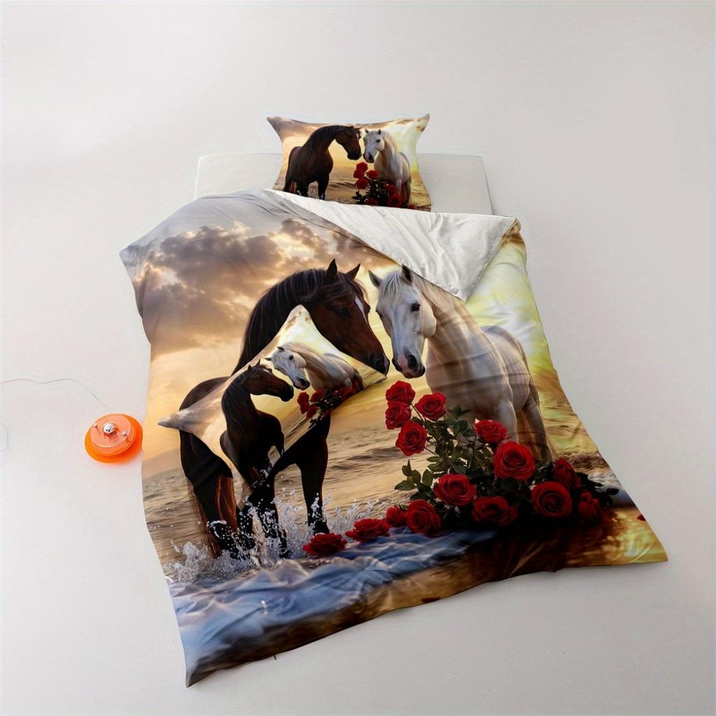 3pcs Love Themed Horse 3D Printed Bedding Set Cozy Comfortable Duvet Cover King Queen Twin Size Birthday Gift Bedroom Decoration