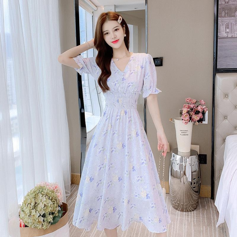 New Bubble Chiffon Dress Summer Dress High Waist Korean Version Sweet Mori Chiffon Bubble Sleeve French