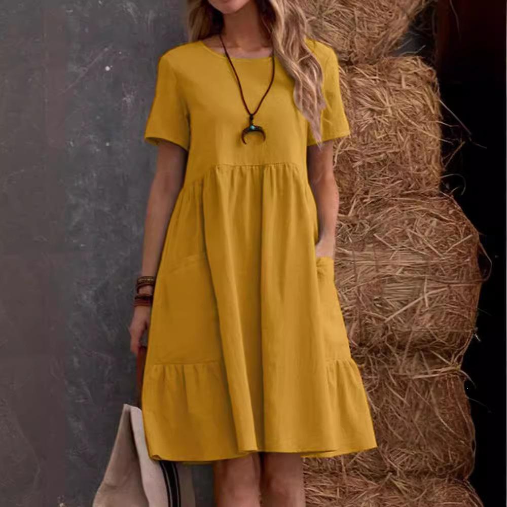 Summer European and American TEMU retro loose pocket solid color round neck women's cotton and linen dress