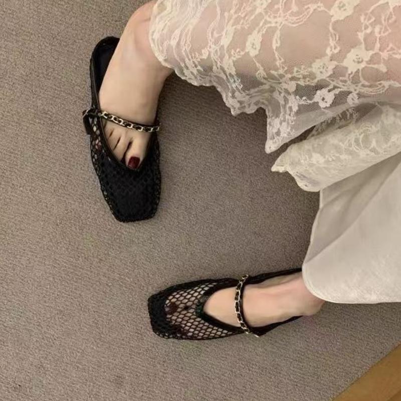 Fashion New Retro Flat Shoes Summer New Square Toe Fishing Net Breathable Hollow Outside Wear Slip-on Baotou Half Slippers
