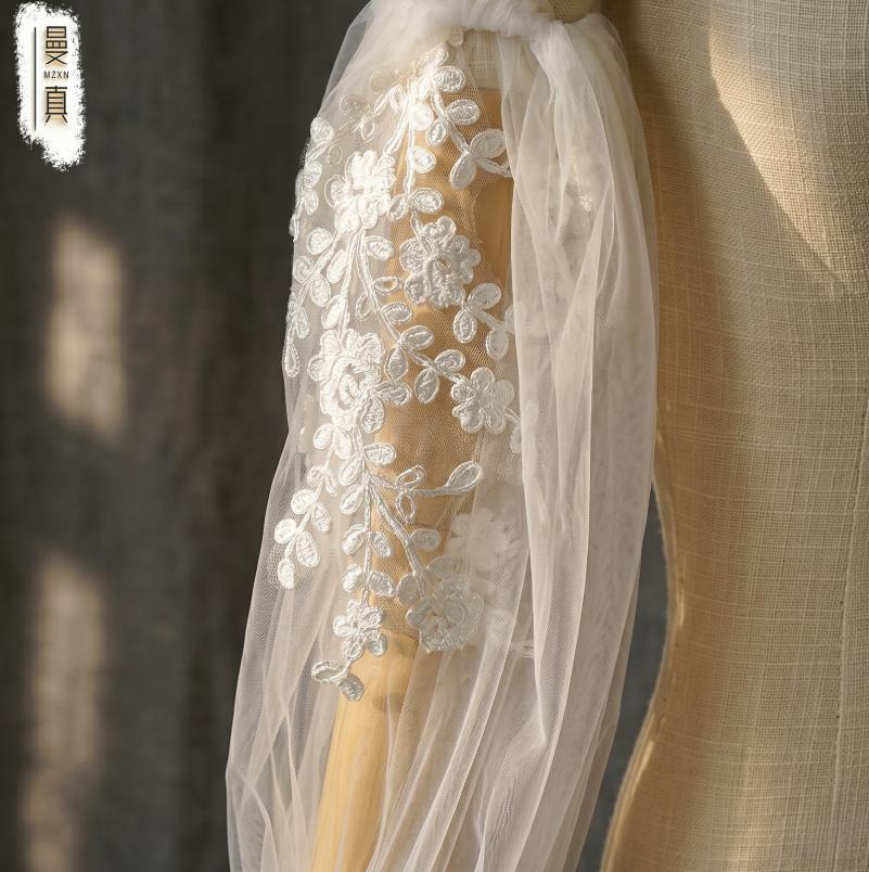 Off Shoulder Puff Tulle Sleeves Detachable Floral Lace Wedding Sleeves Removable Bridal Arm Cover For Strapless Mermaid Wedding Gown Photoshoot