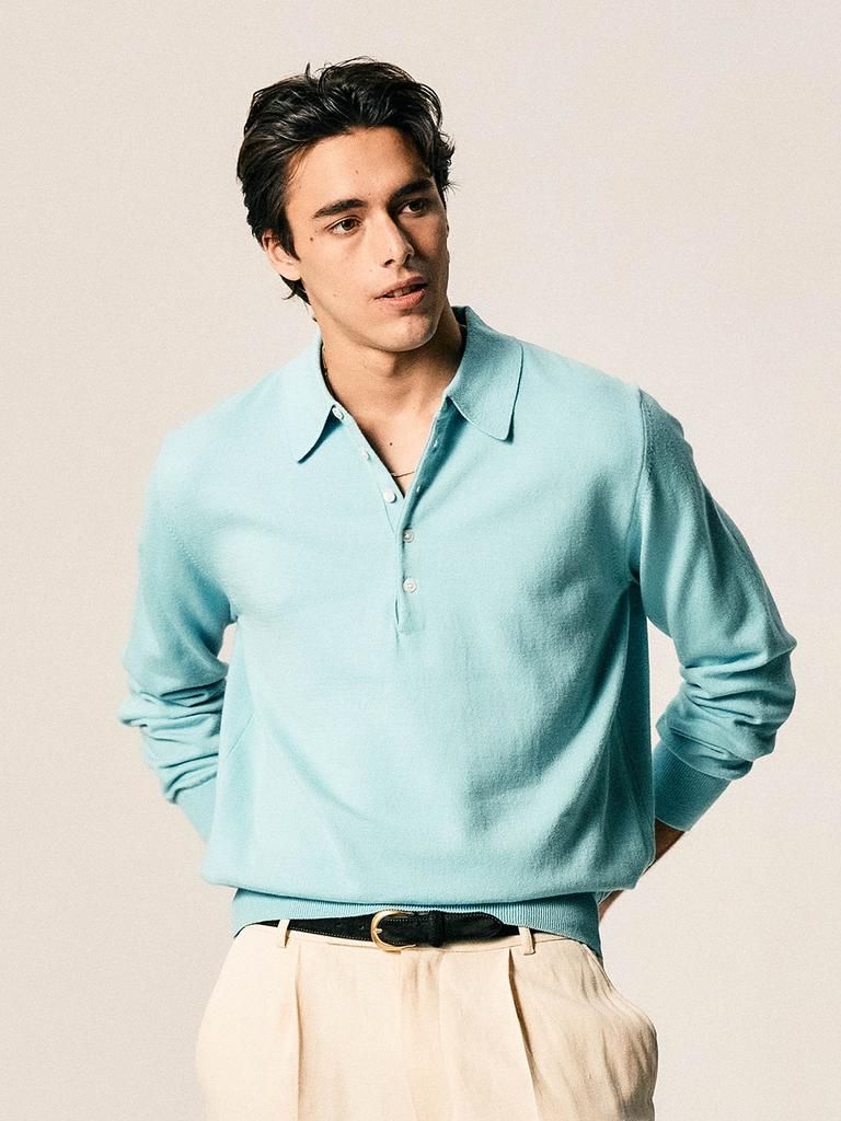EDWARDMAX 5-Button Cotton Collar Summer Long Sleeve Knit (Emerald Blue)