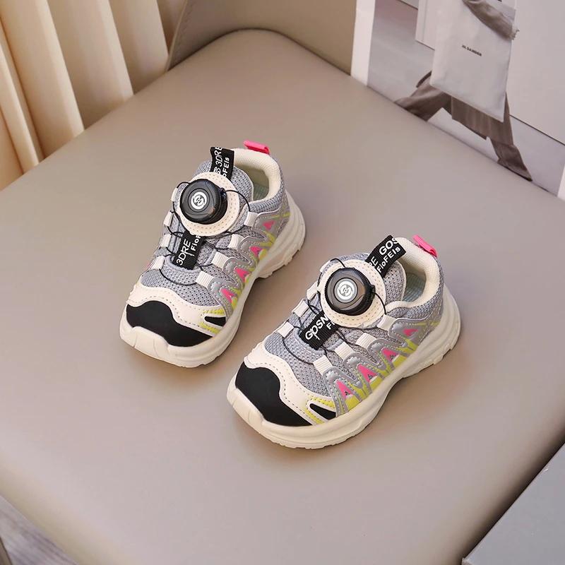 

Мальчики Девочки Спортивная обувь с вращающейся кнопкой Детские кроссовки Толстая мягкая подошва 2024 Новая мода Детская обувь для бега Нескользящая 21 розовый