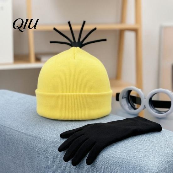Cappello in Morbido Tessuto a Maglia 3 Pezzi Accessori Costume di Halloween, Occhiali Steampunk Gialli Set di Oggetti di Scena Cosplay Guanti Adulti Festa per Uomini Donne Traspirante