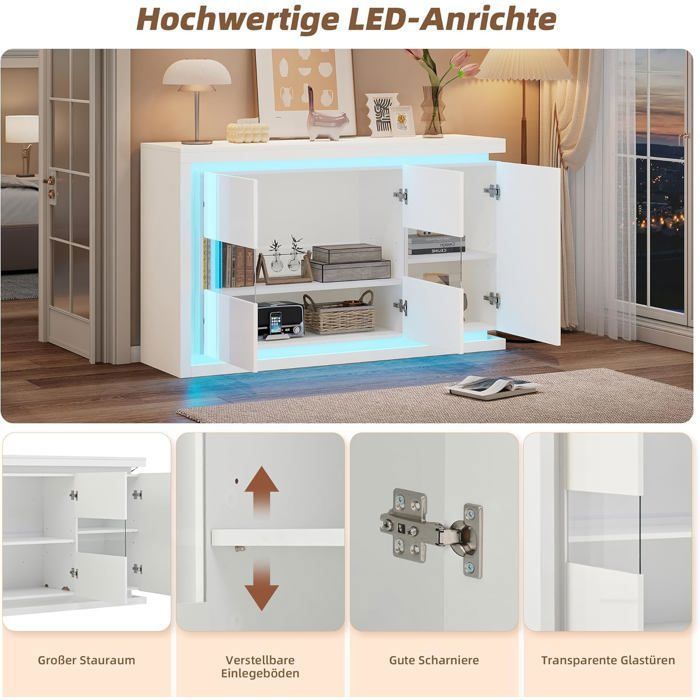Low Sideboard - LEMONBEST - 140 X 40 X 84 Cm - 3 Doors - Remote-controlled LED - Glossy White