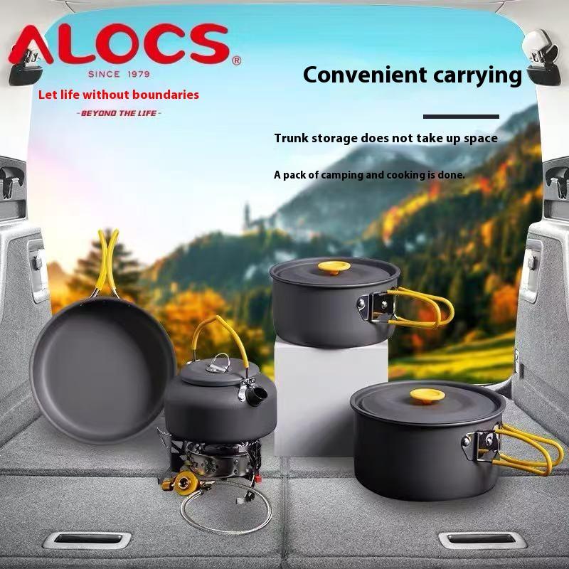 Alocs Outdoor Camping Cookware Set, Hurricane Stove, Camping 4 Person Kit with Storage Bag and Utensils