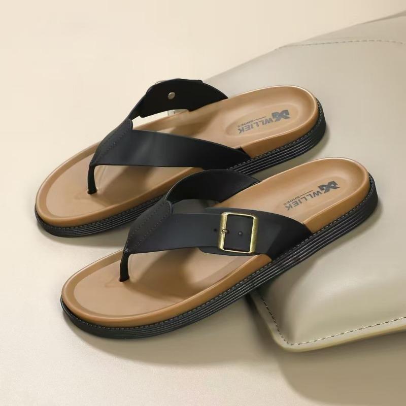 Men's Buckle Decor Flip Flops Non-slip Thick Sole Thong Sandals Casual Summer Beach Slippers