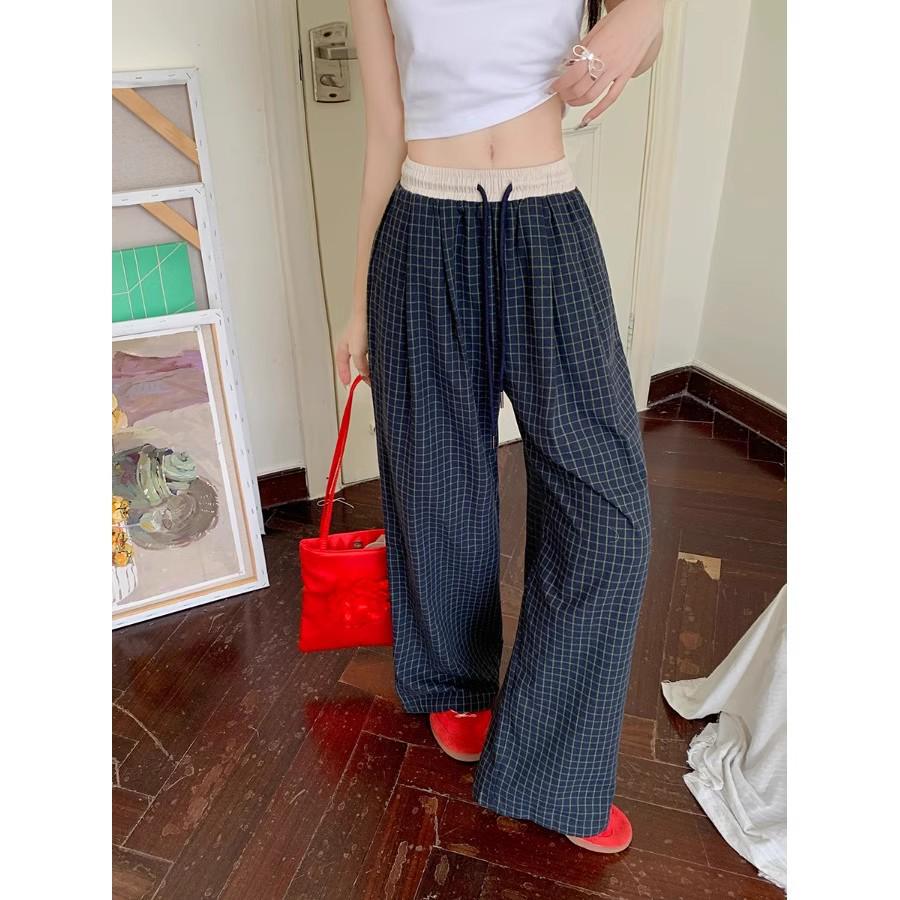 2025 Women's Retro Plaid High-Waist Wide-Leg Pants: Spring/Summer Casual, Versatile, Loose Fit, Floor-Length Trousers