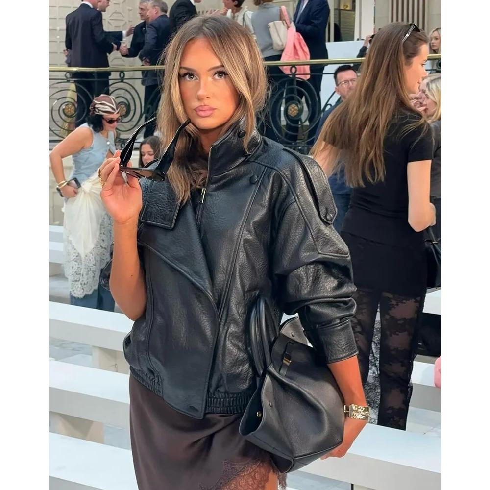 **Women's Faux Leather Jacket Cropped Loose Biker Style PU Leather Coat Spring Autumn Motorcycle Jacket**