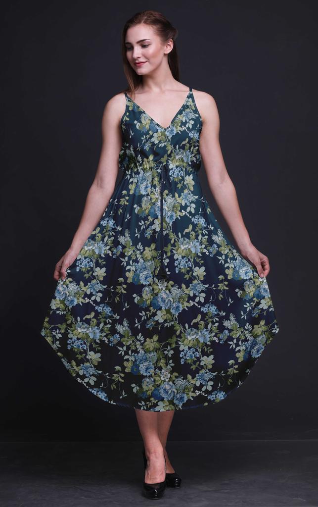 Bimba Floral Ladies Printed Resort Midi Drawstring Dress Spaghetti Strap Beach