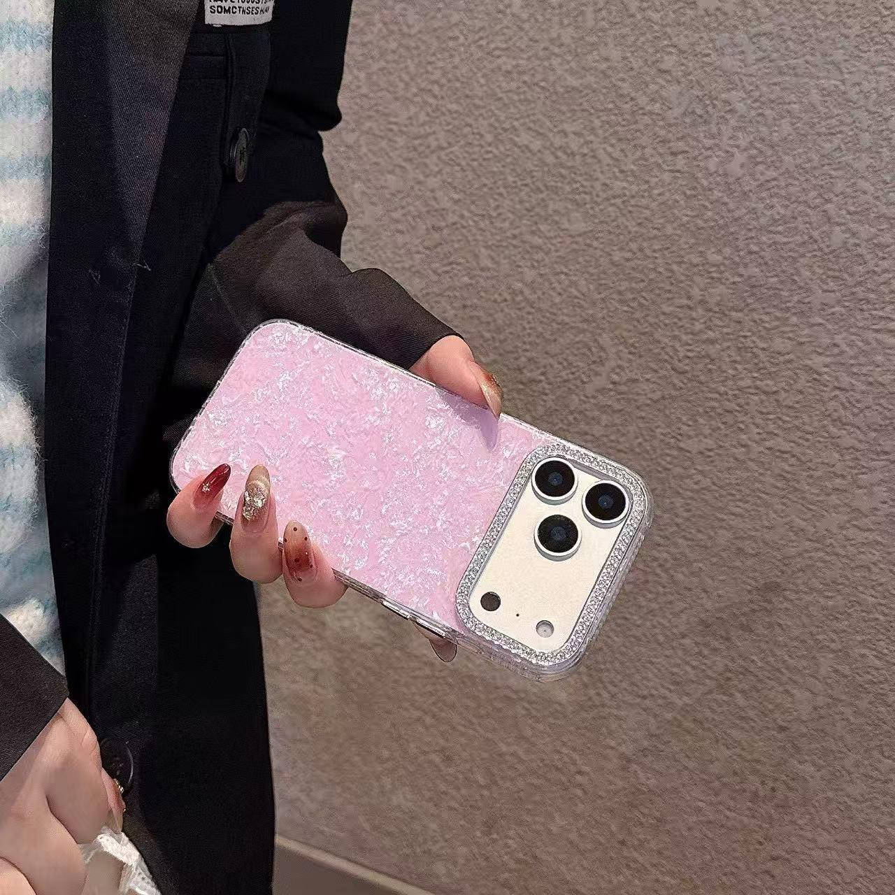 iPhone 17 Pro Max Marble Shell Pattern Phone Case with Rhinestone Lens Trim 17 Pro