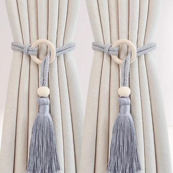 Bohemian Curtain Tiebacks Handwoven Rope with Tassels & Wood Beads Decorative Window Holdbacks for Living Room Bedroom Home Decor