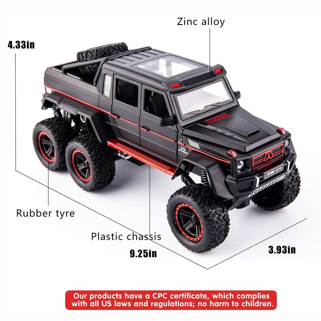 1/22 skala Benz G63 AMG 6x6 V12 Off-Road czarny Pickup Model samochodu, stop cynku zabawka naciągnij i puść samochód z dźwiękiem i światłem dla dzieci chłopiec dziewczyna prezent