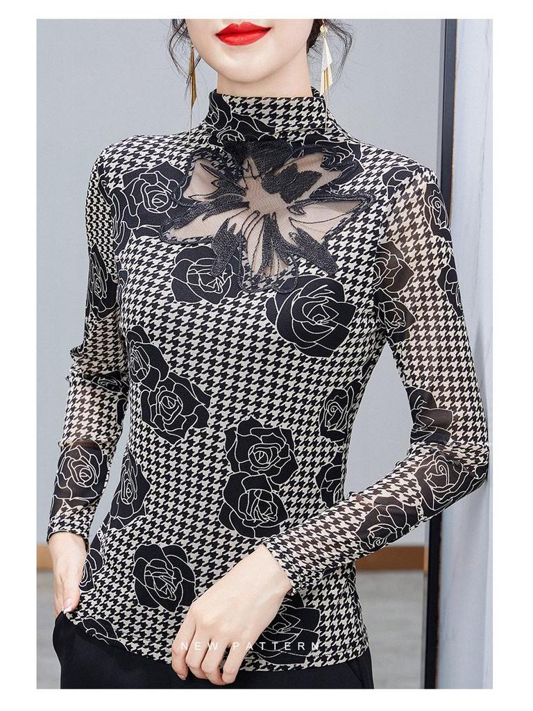 2025 Spring & Autumn Fashion Semi-High Neck Mesh Slimming Top for Moms