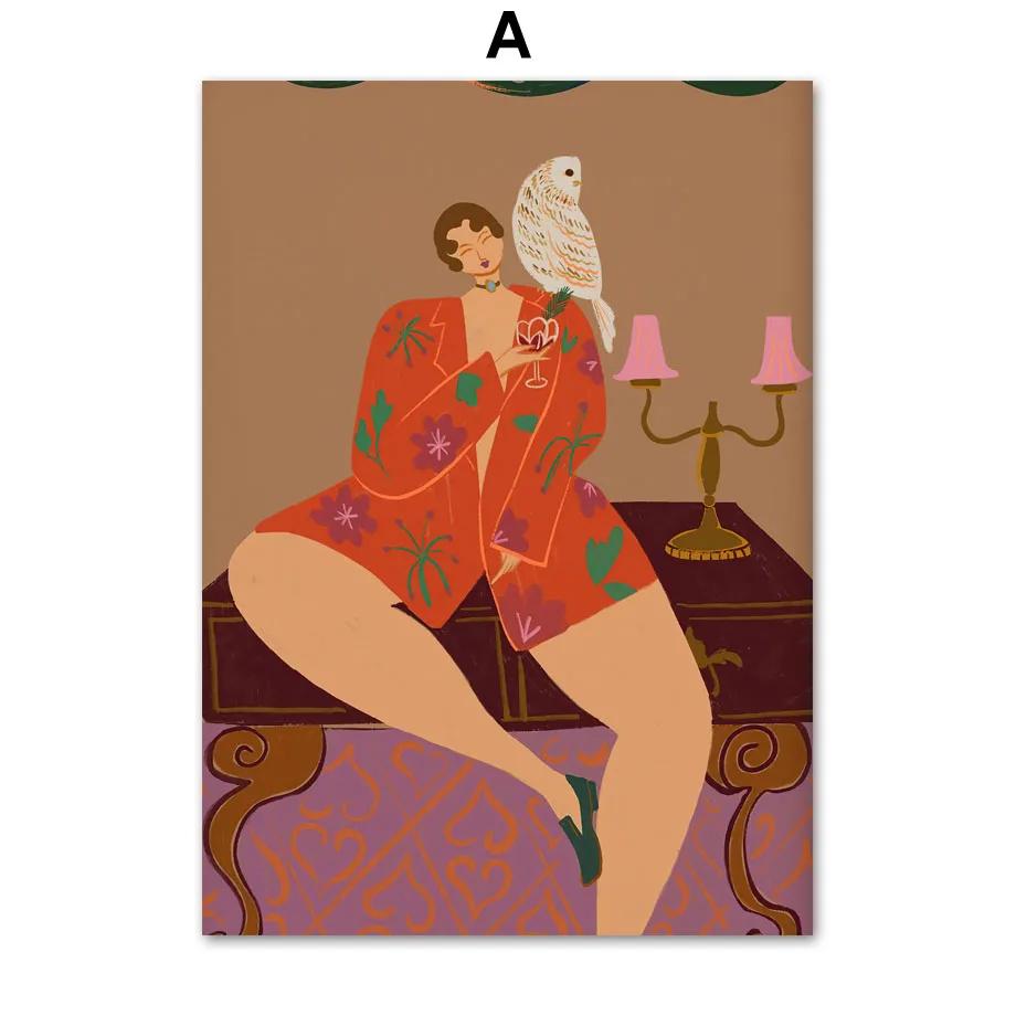 Boho Pajama Woman Dance Owl Flower Posters And Prints Canvas Art Fashion Wall Decoration Home Oil Painting For Living Room Decor