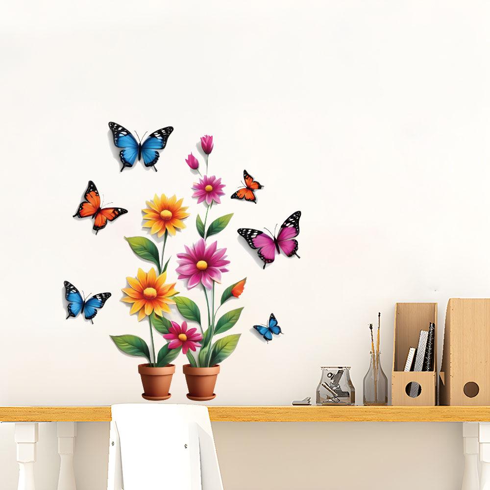 Self-adhesive Creative Colorful Butterflies Flowers Potted Plant Wall Stickers for Living Room TV Bedroom Headboard Home Decor
