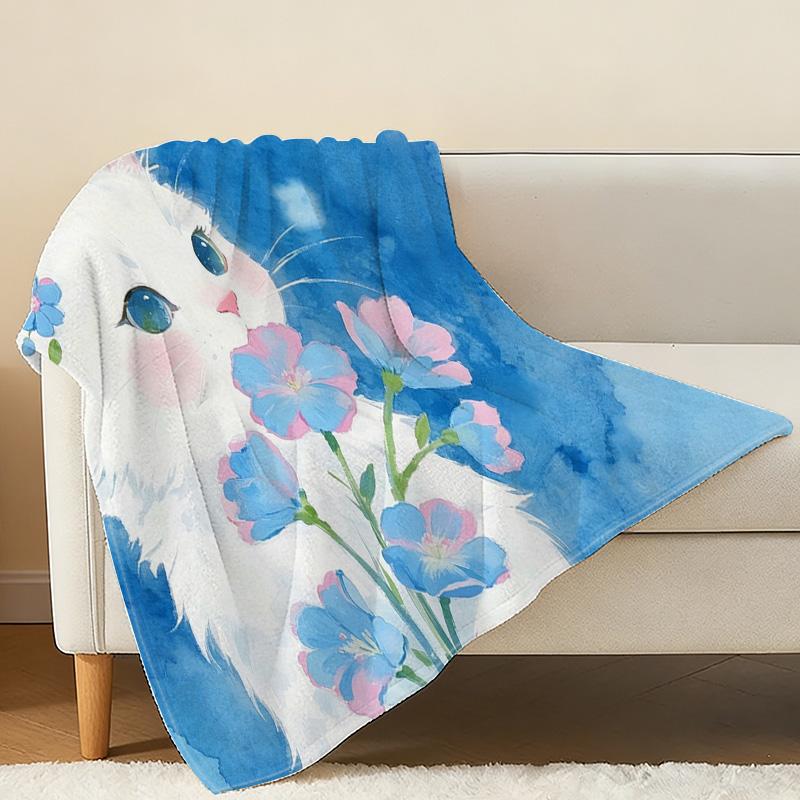 Soft Flannel Throw Blanket Solid Color Cat & Floral Pattern, Cozy Warm Home Throw, Perfect for Halloween & Christmas