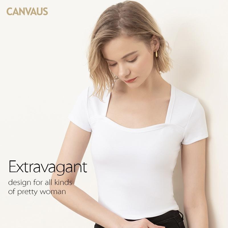 CANVAUS T-shirt da donna con collo quadrato a maniche corte con filo estivo. Camicia da donna slim in cotone
