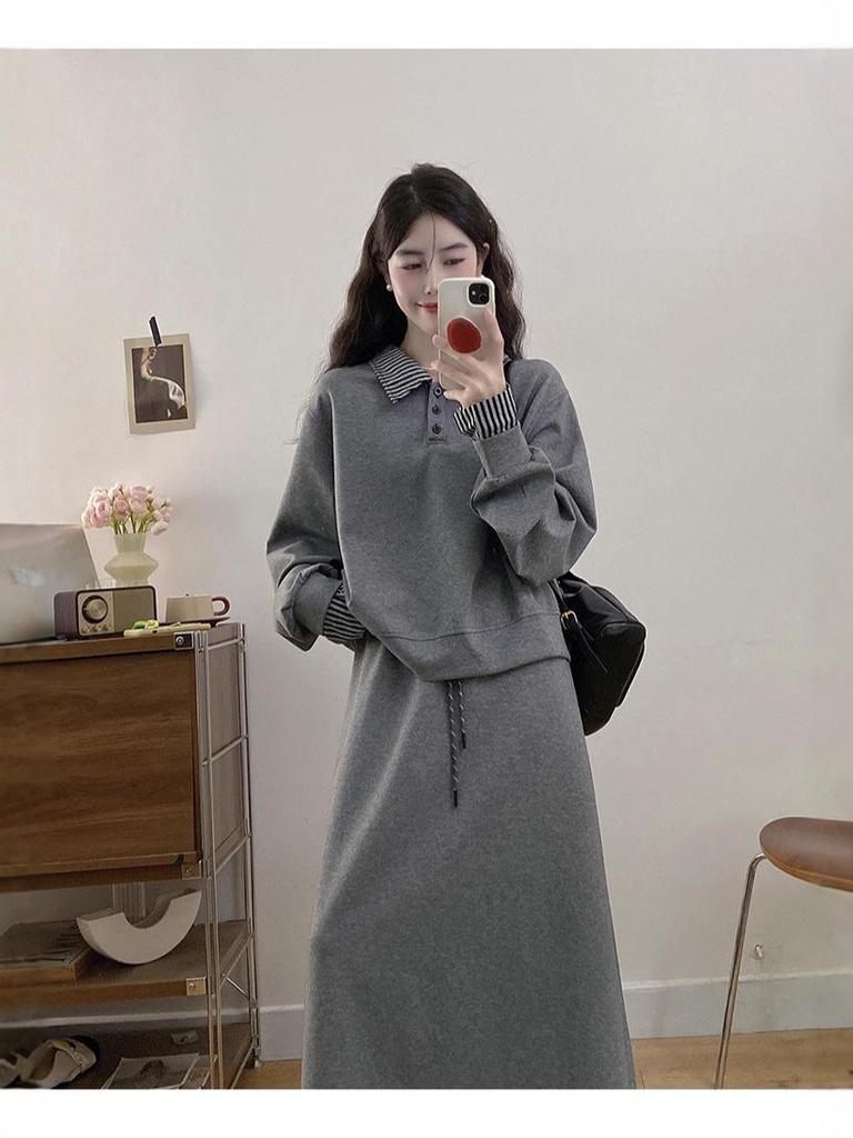 Autumn 2025 Plus Size Women's Patchwork Sweatshirt & High Waist Midi Skirt Set