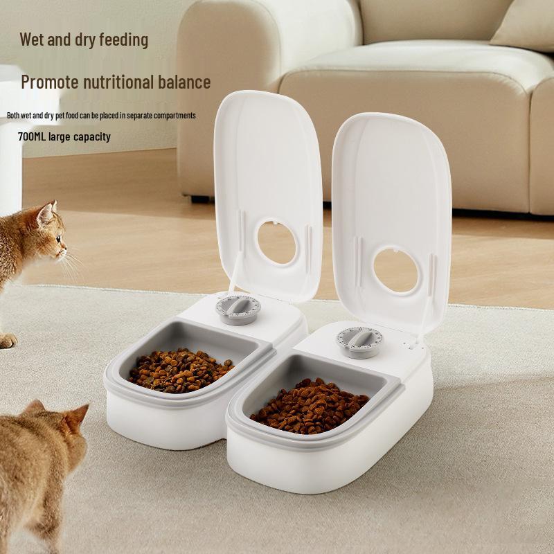 Automatic Double Bowl Pet Feeder for Dogs and Cats - Timed and Quantitative Feeding for Dry and Wet Food