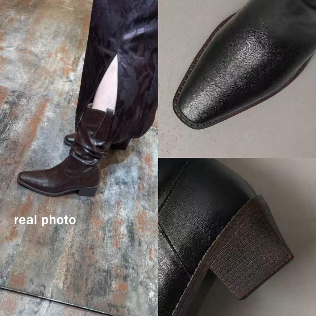 Fashion Retro Brown Pu Western Cowboy Boots Women 2025 Winter Sexy Pointed Toe Thick Heel Black Ankle Boots Designer Y2K Shoes Plus Size