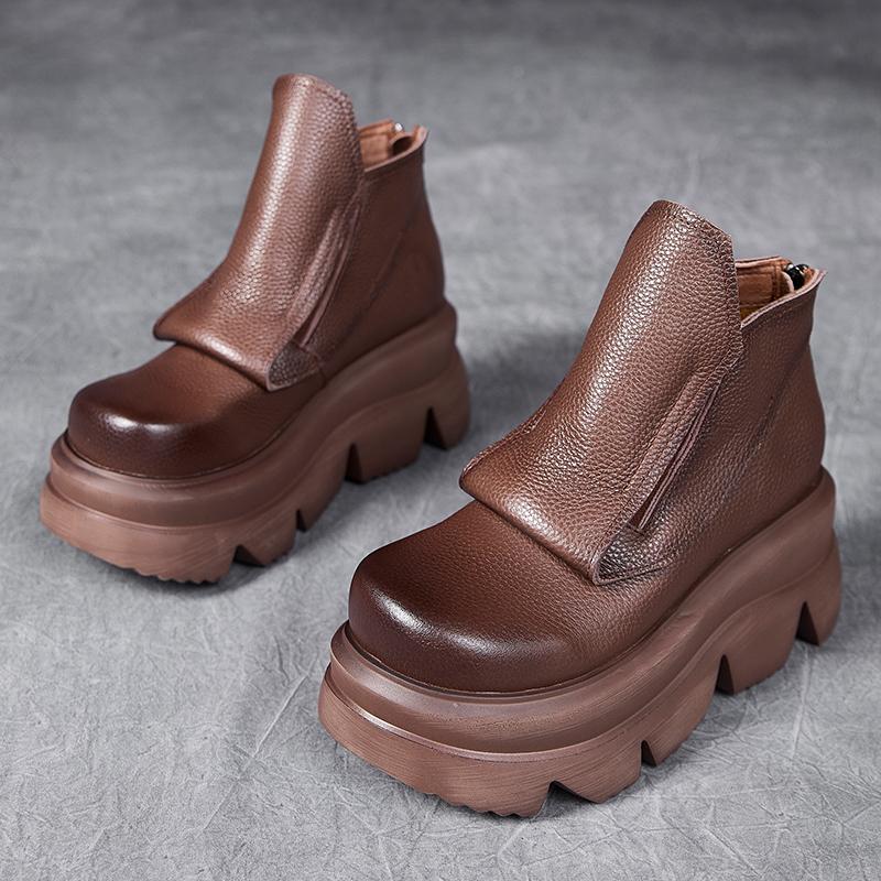 Fashion GKTINOO Handmade Wedges Boots Platform Women Genuine Leather Short Boots Round Toe Height Increasing Thick Sole Ladies Shoes
