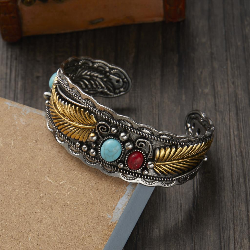 Vintage Antique Silver Color Natural Stone Wide Bangles Bracelets For Women Chinese Style Retro Gold Color Cuff Bracelet Jewelry