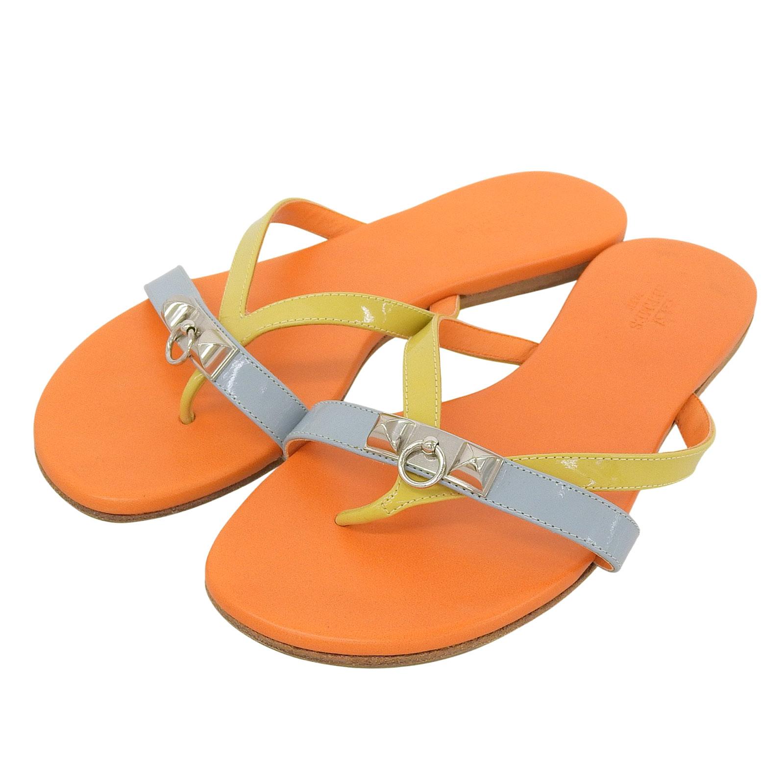 

Great HERMES Sandals Orange Light Blue Yellow leather Women 36 Used