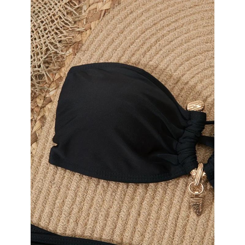 Black Bandeau Three Piece Bikini Set with Gold Decor Sheer Mesh Skirt Cover Up