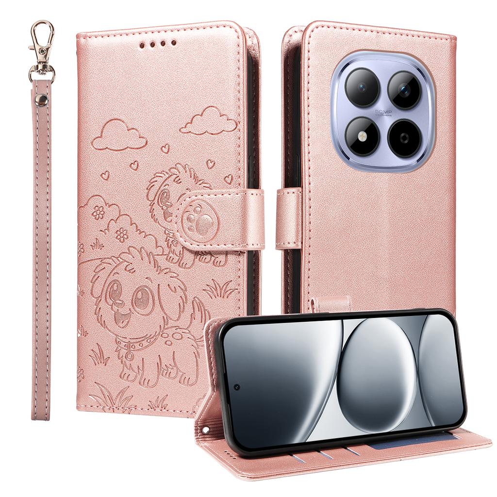 Etui do Xiaomi Redmi Note 15 Pro 5G z blokadą RFID, wytłaczany wzór psa, pokrywa na telefon ze skóry PU z paskiem na nadgarstek