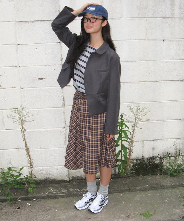 RONRON Check Flare Banding Midi Skirt Brown