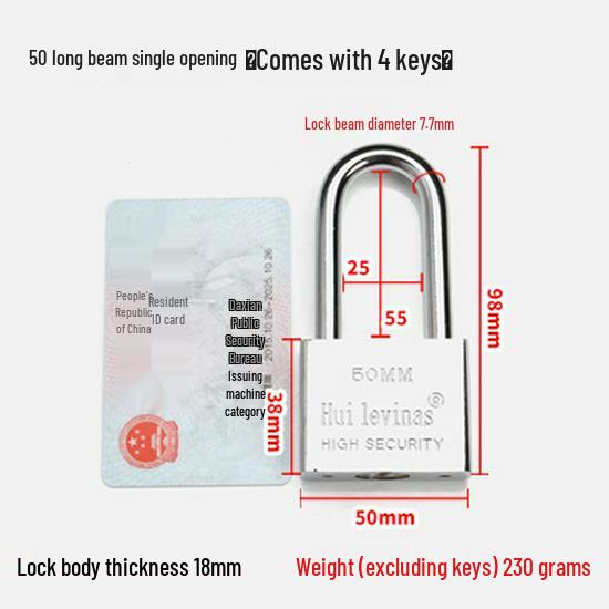 Blade-Shaped Stainless Steel Padlock, Square Head, 30mm, Ideal for Doors, Dorm Rooms, Cabinets, Long-Shank Anti-Theft Design.