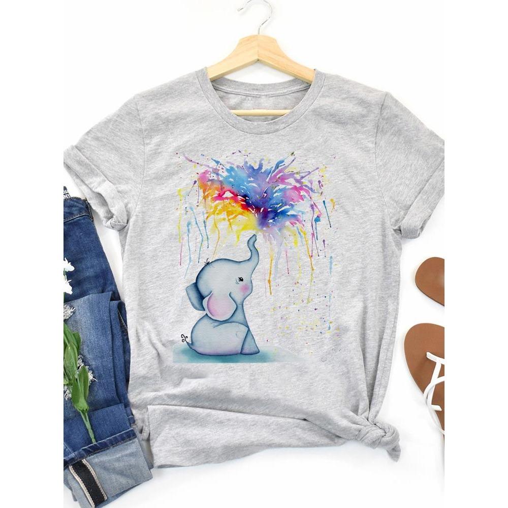 Women s Short-sleeved Elephant Print T-shirt, Casual Women s T-shirt, Women s Fashion, Cute Graphic T-shirt, Trendy Clothing 90s M
