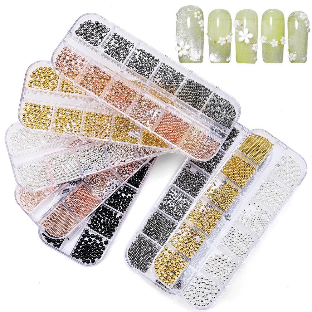 12 Grilă Aur Argint, Nail Art Bile de oțel Bijuterii Mixte Diy Accesorii pentru manichiură Set de decorare a unghiilor