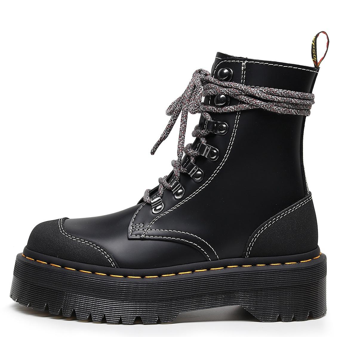 

Thick-bottomed hole splicing locomotive boots, side zipper women s British short boots, muffin bottom lace-up tooling boots 35