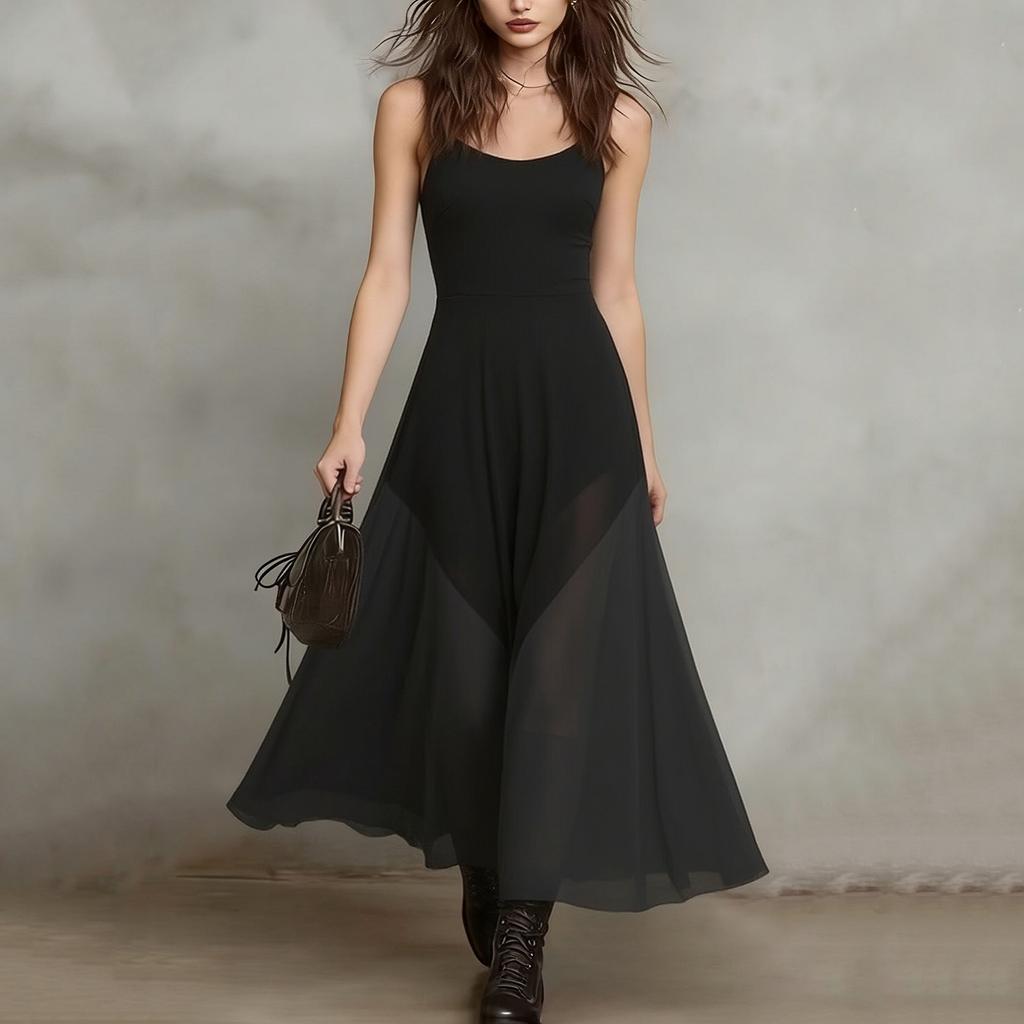 Sleeveless Scoop Neck Maxi Dress for Women Casual Solid Flowy A Line Long Dress with Scalloped Hem Summer Sundress