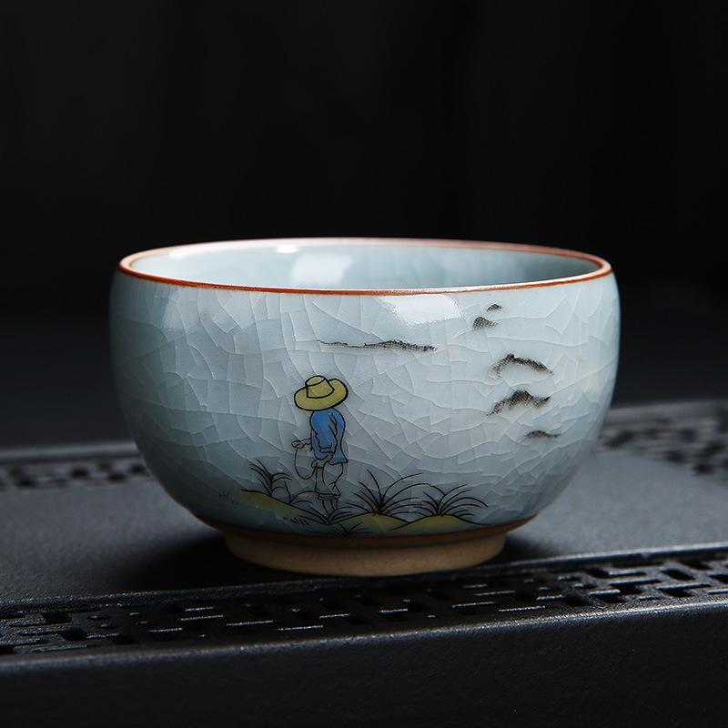 Tea Cup Ceramic Tasting Cup Hand-painted Ru Kiln Crackle Glaze Nurturing Pu'er Kung Fu Single Cup Retro Master Cup with PrintLOG