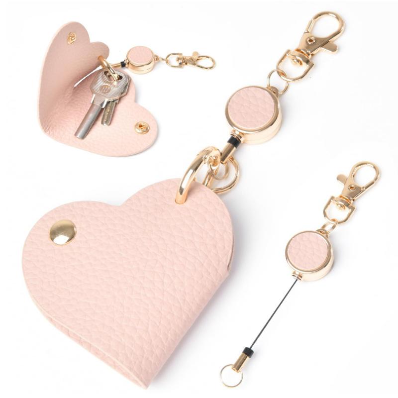 Heart-Shaped Retractable Keychain With Pu Leather Strap & Golden-Tone Alloy Clip