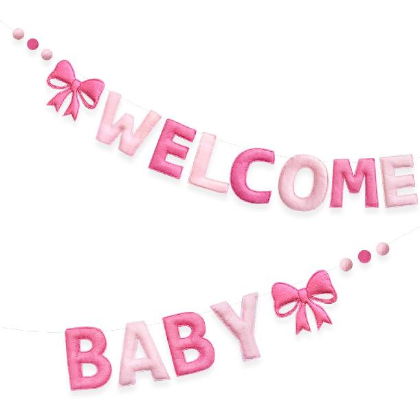 Pink Bow Baby Shower Decorations Pre-Strung Handmade Felt Welcome Baby Sign with Wool Felt Ball Banner for Welcome Home It's a Girl Coquette Baby