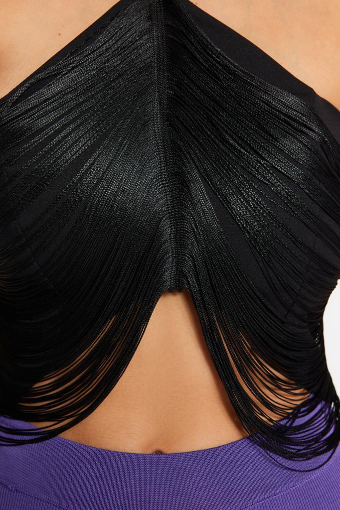 Women's Fashion New Blouse Black Tassel Detailed Crop Woven Blouse