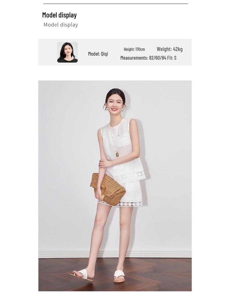 Linen Sleeveless Lace Top & 3D Embroidered Sunflower Shorts Set for Women