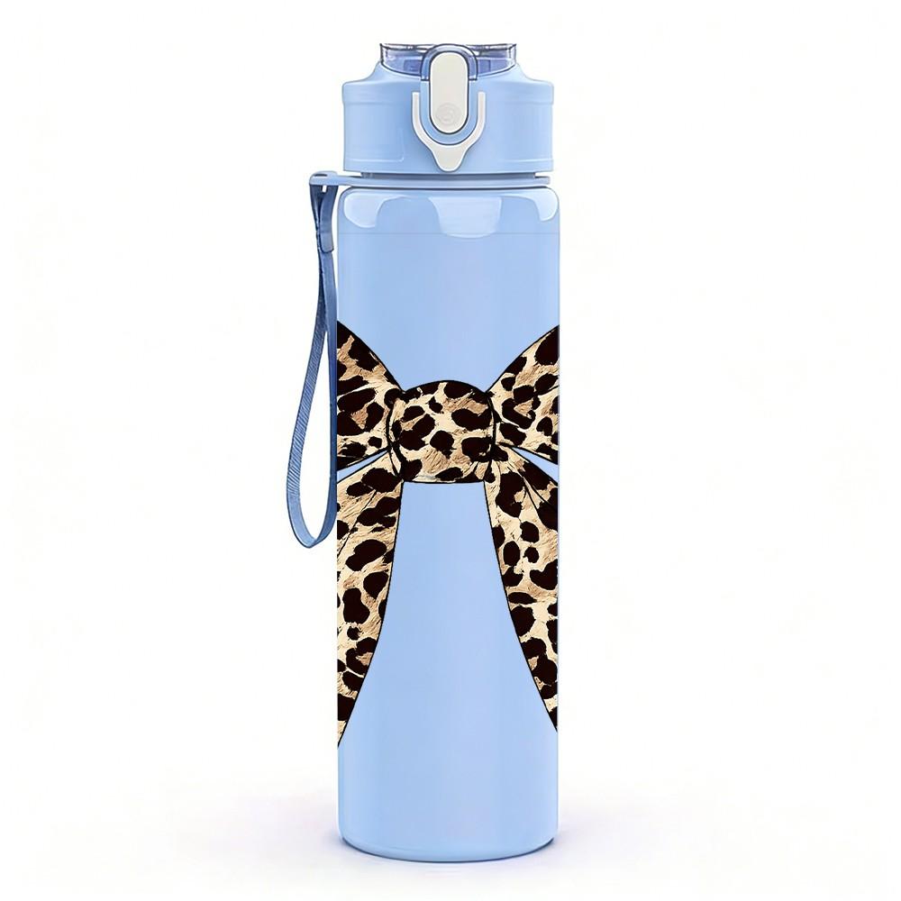 1PC Leopard Print Bow Ribbon Print 750ml Color Plastic Sports Water Bottle Leakproof Flip Straw Lid Suitable for Sports Office Home Use