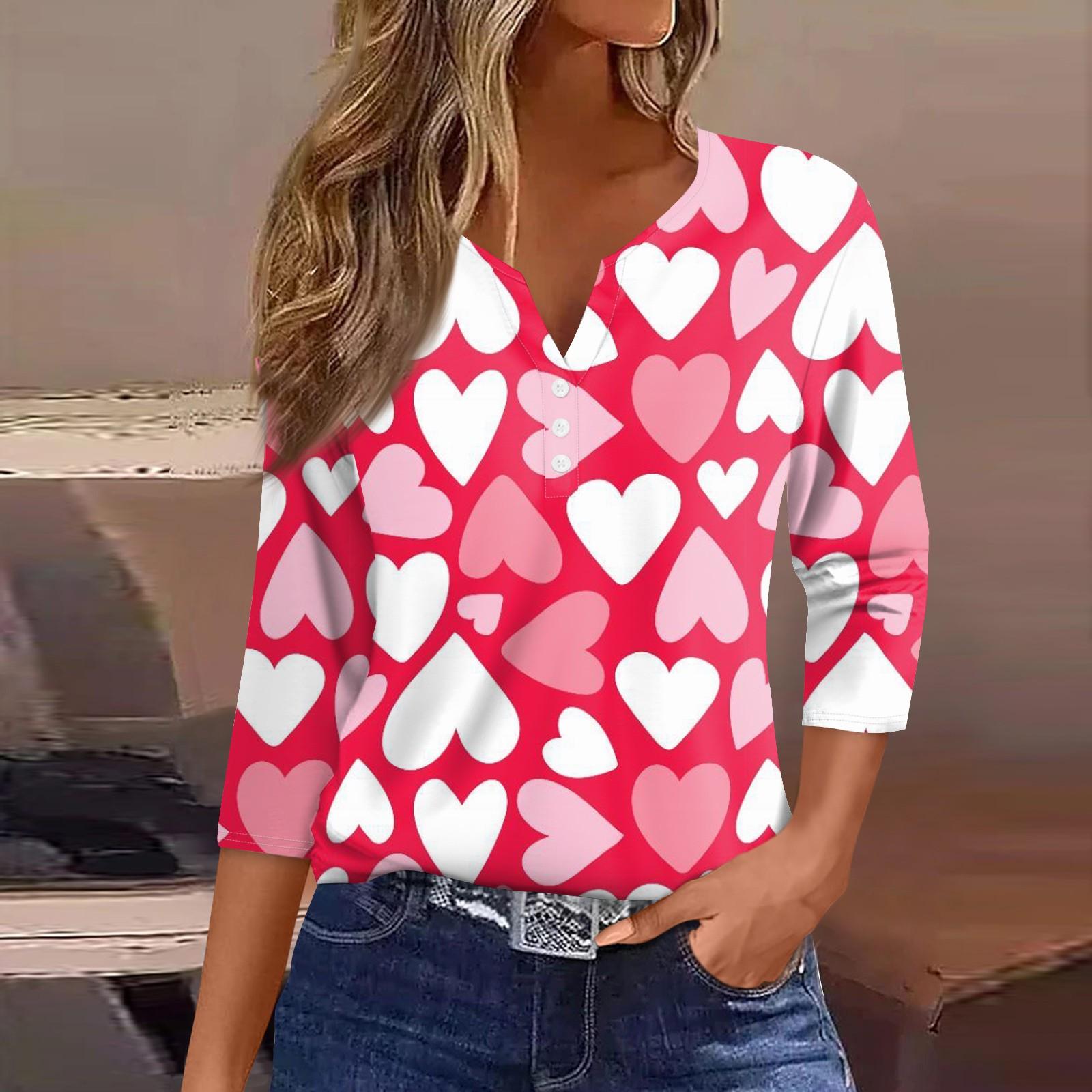 

Женская мода повседневная футболка с принтом ко Дню святого Валентина, V-образным вырезом, декоративными пуговицами и рукавом три четверти XL
